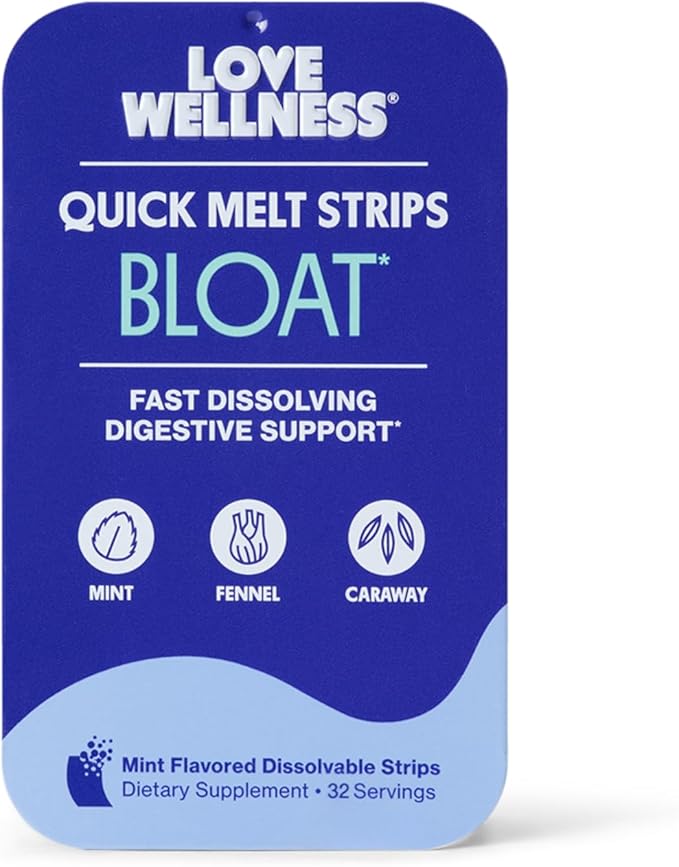 Love Wellness Bloat* Quick Melt Strips - Fast-Dissolving Digestive Support with Mint Fennel and Caraway - Helps Ease Occasional Bloating* - No Water Needed - Vegan and Sugar Free - 32 Strips