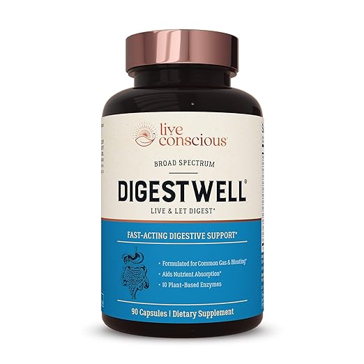Live Conscious DigestWell Immediate Support - Fast-Acting Digestive Support | Broad Spectrum Enzyme Probiotic &amp Herbal Formula - Decreases Everyday Gas &amp Bloating - 90 Capsules