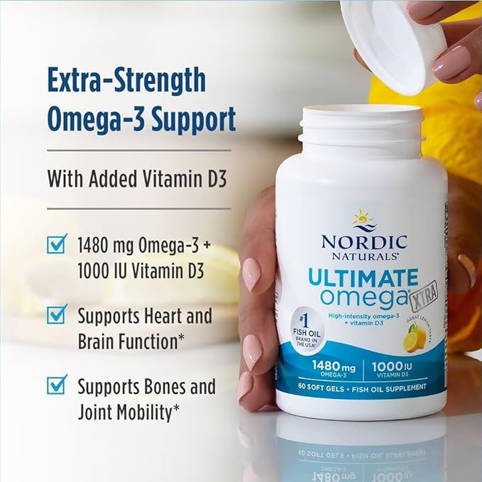 Nordic Naturals Ultimate Omega Xtra Lemon Flavor - 60 Soft Gels - 1480 mg Omega-3 + 1000 IU Vitamin D3 - EPA &amp DHA - Brain Heart &amp Immune Health - 30 Servings