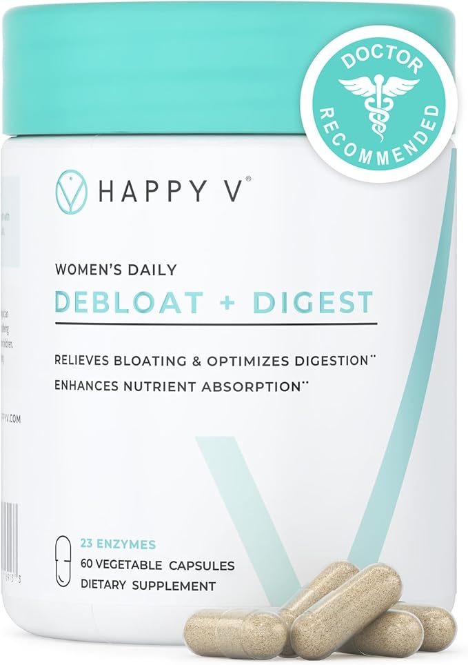 Happy V Debloat + Digest – Digestive Enzymes for Women to Support Bloating Gas Constipation Gut Health and Nutrient Absorption – Stomach Comfort &amp Digestion Support Supplement – 60 Vegan Capsu