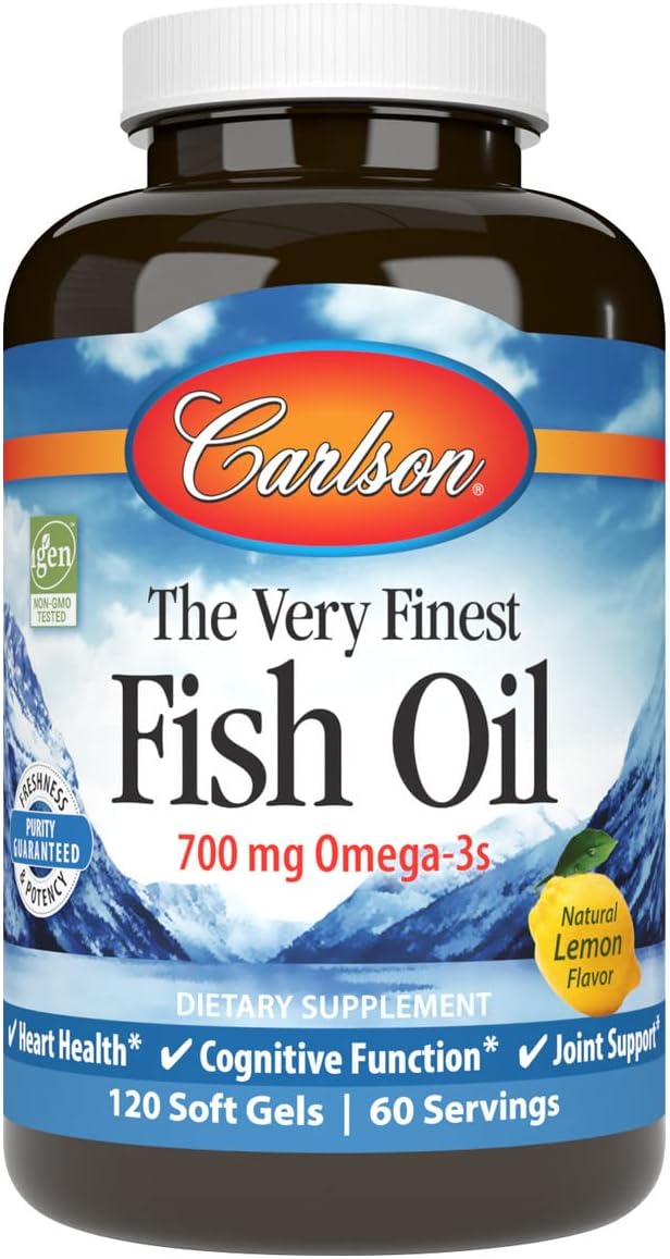 Carlson - The Very Finest Fish Oil 700 mg Omega-3s Norwegian Fish Oil Supplement Wild Caught Omega-3 Fish Oil Sustainably Sourced Fish Oil Capsules Omega 3 Supplement Lemon 120 Softgels