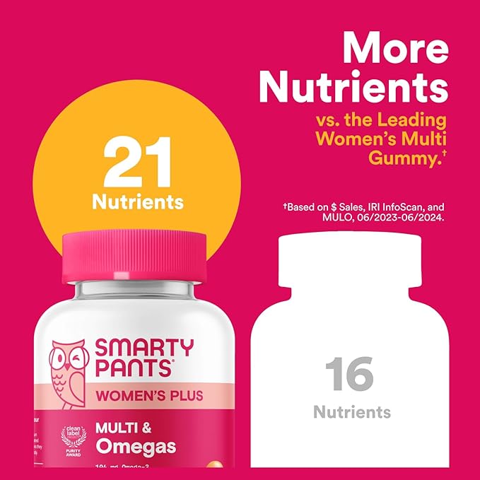 SmartyPants Women's Multivitamin Gummies Omega 3 (DHA/EPA) Methylfolate CoQ10 Vitamin D3 C Vitamin B12 B6 A K &amp Zinc Inositol Gluten Free 90 Count (30 Day Supply)