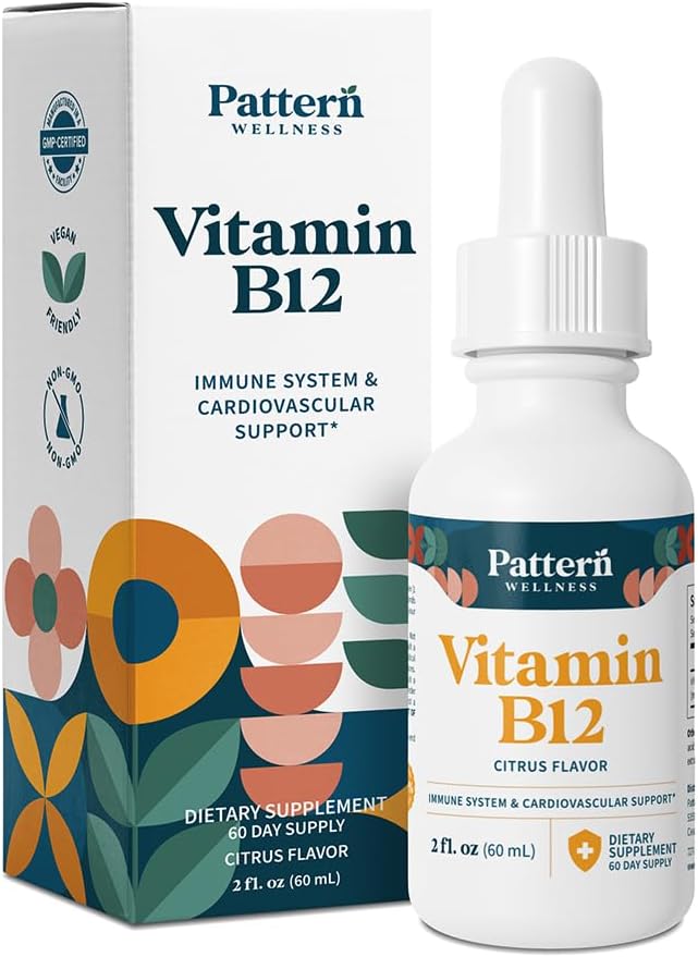 Pattern Wellness Vitamin B12 5000 mcg – Sublingual Liquid Drops – Methylcobalamin Supports Energy &amp Immune Health – Vegan Citrus Flavor – 2 fl. oz (60mL) 3rd Party Lab Tested