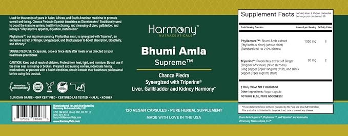 Bhumi Amla Supreme - Chanca Piedra – Harmony Nutraceutical Highest Potency Maximum Bioactivity Pure Herbal Supplement for Liver Gallbladder &amp Kidney