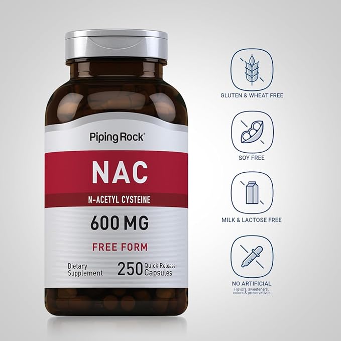 Piping Rock NAC Supplement N-Acetyl Cysteine | 600mg | 250 Capsules | Free Form Pills for Women and Men | Non-GMO Gluten Free