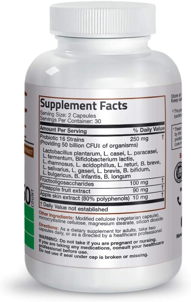 Bronson Probiotic 50 Billion CFU + Prebiotic with Apple Polyphenols &amp Pineapple Fruit Extract + Selenium 200 Mcg for Immune System Thyroid Prostate and Heart Health