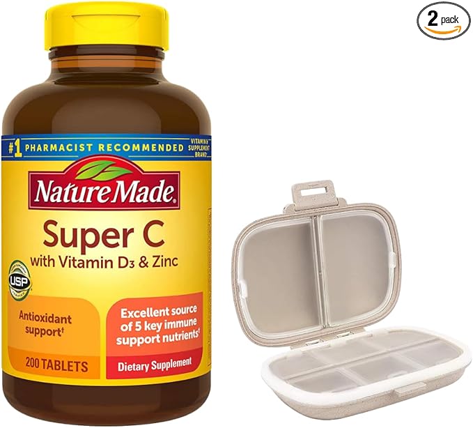 Nature Made Super C with Vitamin D3 and Zinc 200 Tablets Bundle with a Pill Oragnizer (2 Items)