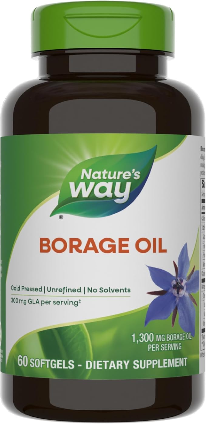 Nature's Way Borage Oil Supplements Cold Pressed &amp Unrefined 300 mg GLA and 440 mg Linoleic Acid per Serving 60 Softgels (Packaging May Vary)