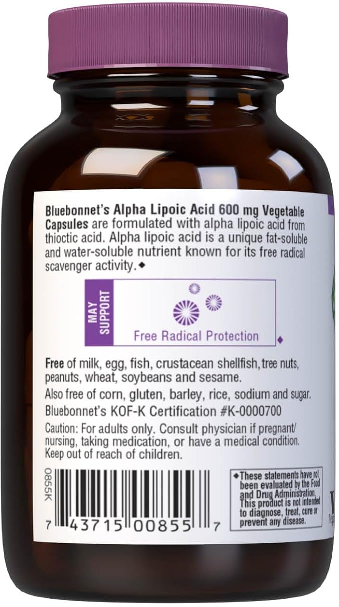 BlueBonnet Alpha Lipoic Acid 600mg - Powerful Antioxidant Nerve Support Supplement for Women &amp Men - Non-GMO Vegan Kosher - Gluten-Free Soy-Free Dairy-Free - 30 Vegetable Capsules