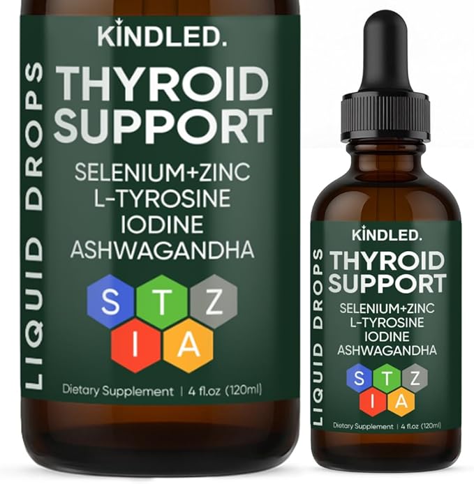 Kindled Thyroid Support Drops | Liquid Drops with Selenium Zinc &amp L-Tyrosine Iodine Ashwagandha | kindled Thyroid Support Daily Support – 4 fl.oz (120mL)