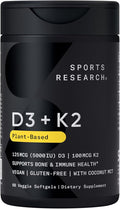 Sports Research® Vitamin D3 + K2 w/ Coconut Oil - Vegan Vitamin D 5000iu &amp Mk7 Vitamin K 100mcg for Bone &amp Immune Support - Vegan Certified · Non-GMO · Soy Free - 60 Softgels