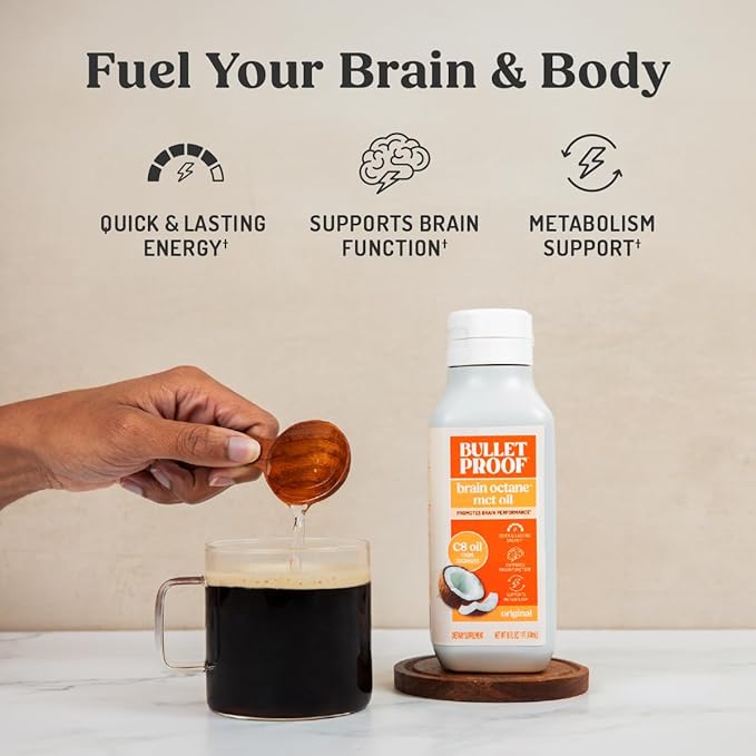Bulletproof Brain Octane C8 MCT Oil 16 oz (Pack of 2) – 100% Pure Coconut Oil Triple-Distilled Keto Energy Supplement for Coffee &amp Smoothies Unflavored No Additives or Fillers Non-GMO