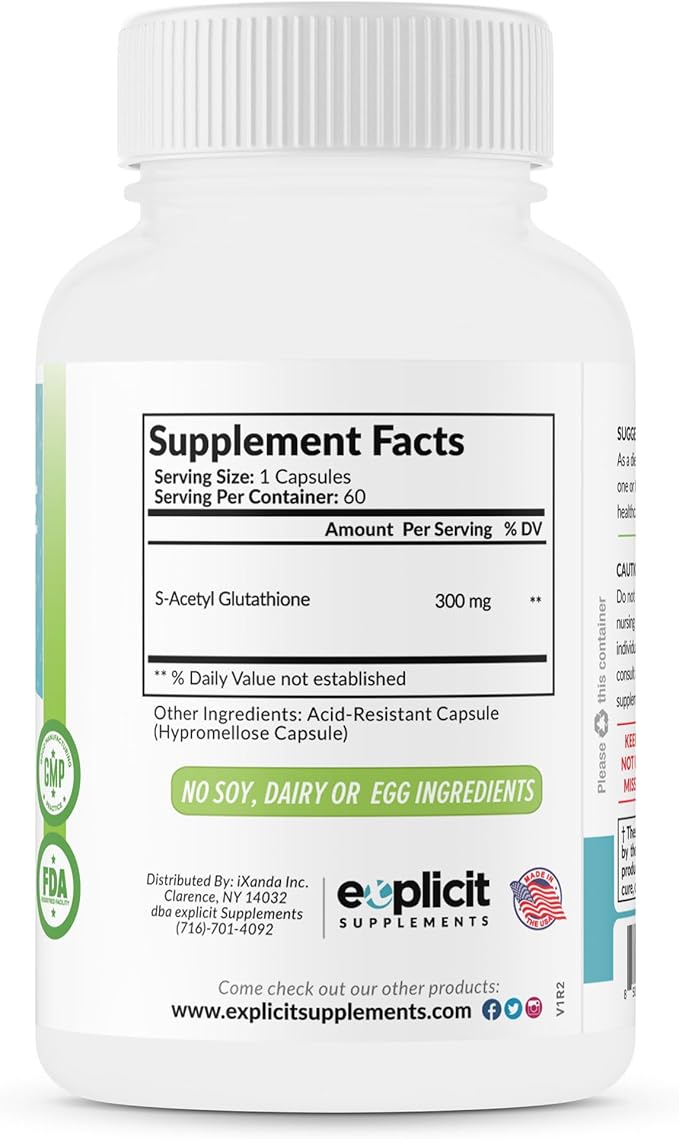 eXplicit Supplements S-Acetyl Glutathione SAG 300mg Per Dose Acid-Resistant Caps Made in The USA - 60 Capsules