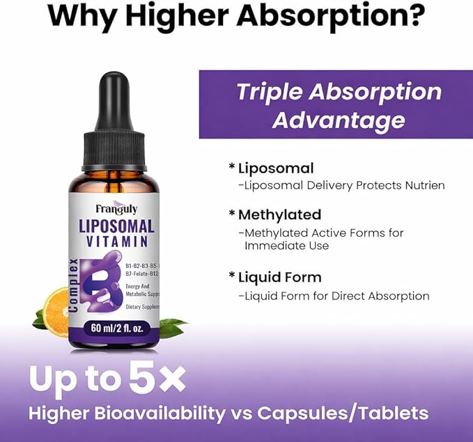 Liposomal Vitamin B Complex Liquid Sublingual B Complex Vitamins Supplement for Women Men Improved Absorption Methylated B12B1 B2 B3 B5 B6FolateBiotin for Energy And Immune Support-8.0 oz