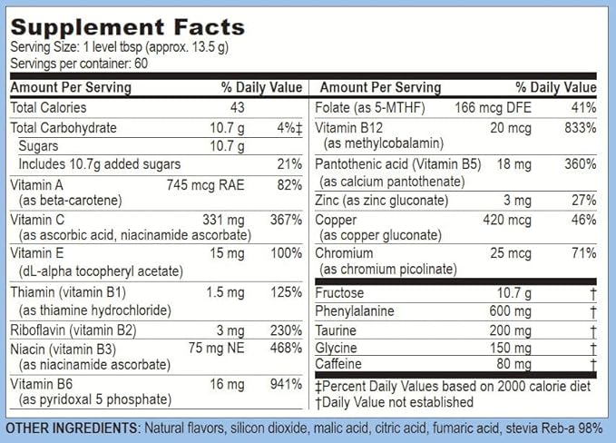 Life Enhancement Wow Drink Powder with B12 Niacin Caffeine Taurine Phenylalanine Vitamin C &amp More Multivitamin - Anti Aging Powder with Low-Calorie Brain Boost - 60 Servings