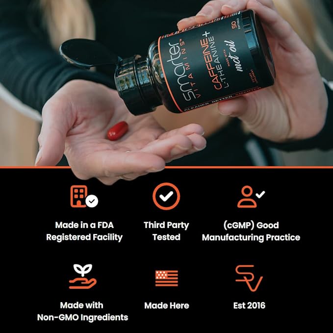 SmarterVitamins 200mg Caffeine Pills - MCT Oil from 100% Coconuts + 100mg L-Theanine Energy and Focus Extended Release Capsule 50 Liquid Softgels