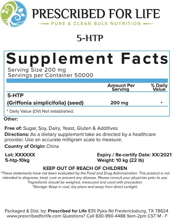Prescribed For Life 5 HTP Powder Pure 5 Hydroxytryptophan Powder Natural Unbleached Gluten Free Vegan Non GMO Soy Free Kosher Griffonia Simplicifolia (56g)