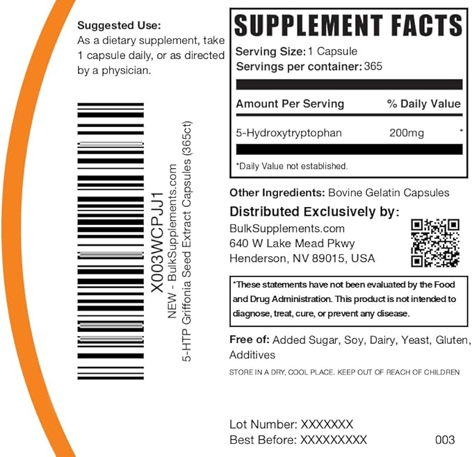 BulkSupplements.com 5-HTP Capsules - 5-Hydroxytryptophan 5-HTP 200mg 5 HTP Supplement - Amino Acid Supplement Gluten Free 1 Capsule per Serving 365 Capsules (Pack of 1)