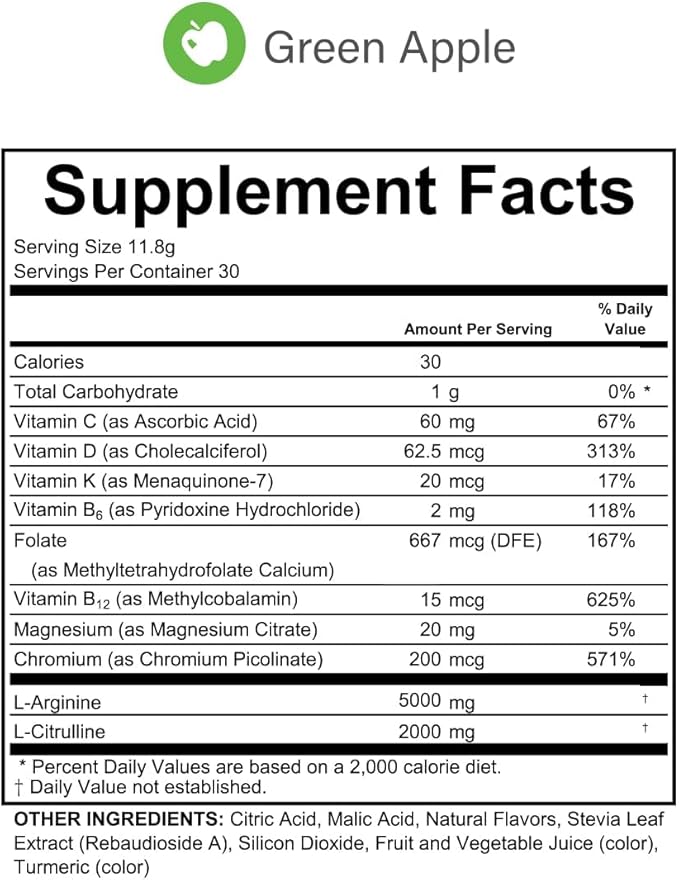L-Arginine Complete Green Apple - 5000mg L Arginine Nitric Oxide Booster Natural Supplement Increases Energy and Endurance