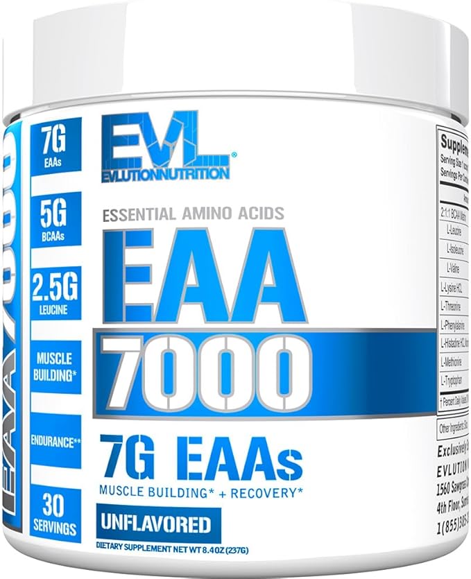 Evlution EAAs Amino Acids Powder - EAA Essential Amino Acids Pre &amp Post Workout Powder for Muscle Building Endurance and Recovery Support with 7g per Serving Plus 5g BCAAs (Unflavored 30 Servings