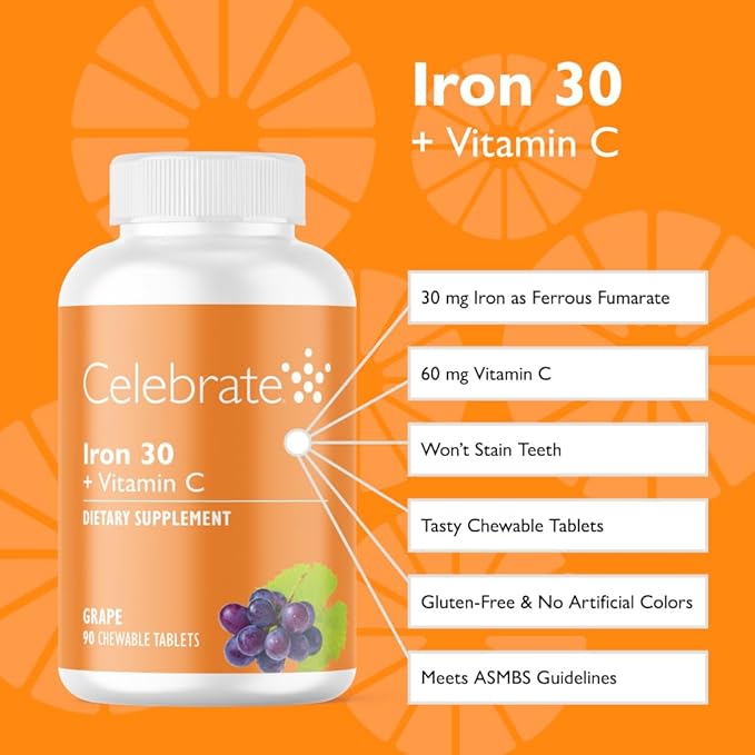 Celebrate Vitamins Iron Supplement with Vitamin C - 30mg Iron 60mg Vitamin C Bariatric Vitamins for WLS Patients Vertical Sleeve &amp Gastric Bypass Surgery – Grape 90 Chewable Tablets