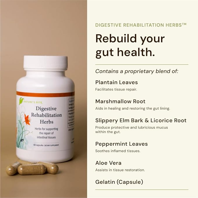 Nature's Rite Digestive Enzymes Gut Health Rehabilitation All Natural Herbs Fast Acting 60 Capsules