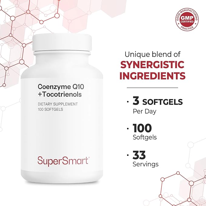 Supersmart - Coenzyme Q10 + Tocotrienols 300mg per Day (Patented &amp Bioavailable) - CoQ10 Supplement with Tocotrienols - Palm Oil Extract | Non-GMO &amp Gluten Free - 100 Softgels