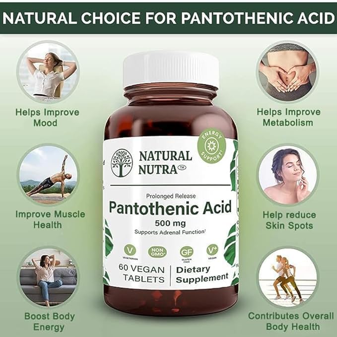 Natural Nutra Time Release Pantothenic Acid 500 mg Vitamin B5 Supplement Helps Break Down Fat and Carbohydrates Metabolism and Energy Improve Muscle Health 60 Vegetarian Tablets (3 Pack)