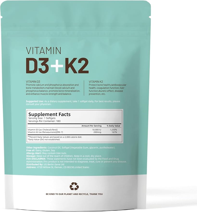 VivoNu Vitamin D3 K2 10000 IU with MK7-300 Virgin Coconut Oil Softgels 2 in 1 Vitamins D &amp K Complex | Vitamina D3 con K2 ((180 capsules/1Bag))
