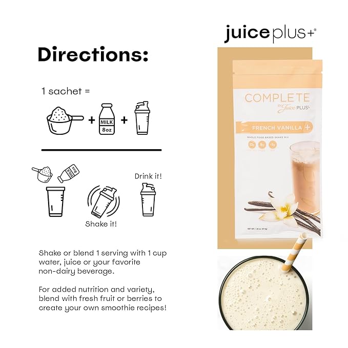 Complete by JuicePlus+ Single Serve French Vanilla Shakes - Plant-Based Nutrition - Vegan Gluten-Free Non-GMO Kosher Whole Food Based Shake Powder with Protein Fiber &amp Prebiotics - 15 Serving