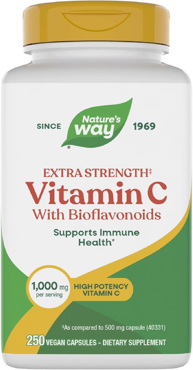 Nature's Way Extra Strength(1) Vitamin C with Bioflavonoids Supports Immune Health* Promotes Collagen Production for Healthy Skin* 1000 mg per Capsule 250 Vegan Capsules (Packaging May Vary)
