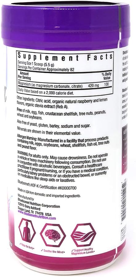 Bluebonnet Nutrition Simply Calm Powder for Calm* Muscle Cramps* Stress Relief* Soy-Free Gluten-Free Non-GMO Kosher Certified Dairy-Free Vegan 16 oz 82 Servings Raspberry Lemon Flavor