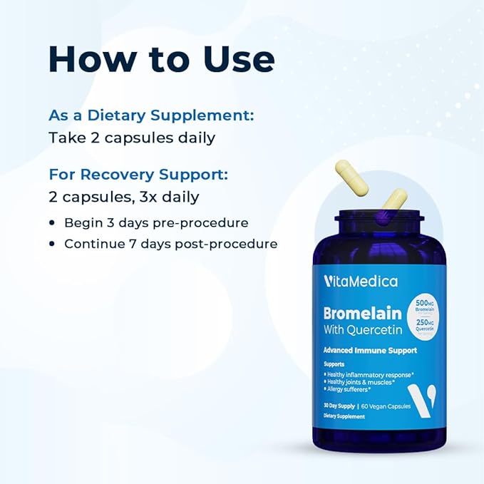 VitaMedica Bromelain &amp Quercetin Supplement - 500mg Bromelain 250mg Quercetin - 2400 GDU for Immunity Joint Support Inflammation and Muscle Recovery - 60 Vegan Capsules - 30 Servings (2 Pack)