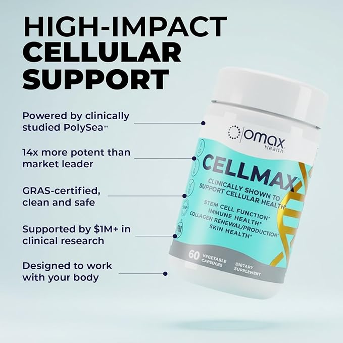 Omax3 Cellmax Healthy Aging Supplement – Supports Cellular Vitality &amp Longevity Antioxidant Formula with PolySea™ Seaweed Extract for Collagen &amp Immune Support – 60 Capsules