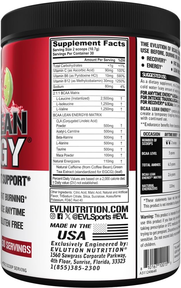 EVL BCAA Lean Energy Powder - Pre Workout Green Tea Fat Burner Support with BCAAs Amino Acids and Clean Energizers - Post Workout Recovery Drink for Lean Muscle Recovery - Cherry Limeade