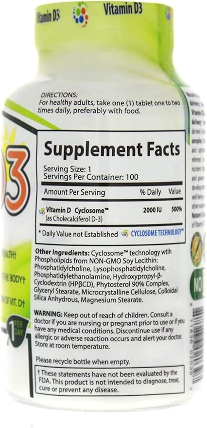 NATURE'S ESSENTIALS Vitamin D3 2000IU | Immune Support | Advanced Cyclosome Liposomal Delivery | Non-GMO Gluten Free Vegetarian | 100 Tablets