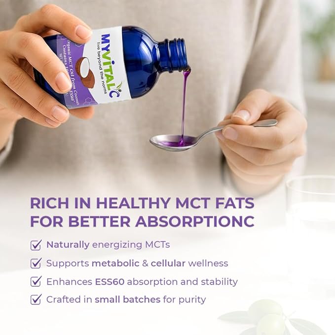 MyVitalC Organic MCT Oil Coconut Derived - Pure ESS60 Antioxidant Supplement - For Anti-Aging Oxidation Longevity Sleep More Energy - 120ML