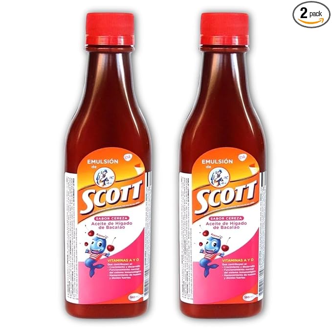 Emulsion de Scott Aceite de hígado de bacalao sabor Cereza - pack de 2 de 6.1 fl oz - 180 ml - Suplemento dietético para niños con vitamina A y calcio.