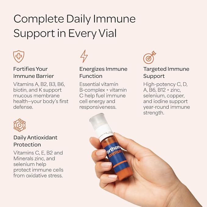 Orthomol Immun Immune Support Vials for Adults with Vitamin C Zinc Selenium Iodine Vitamin D E AB Calcium 25+ Immune Boost Nutrients 1 Serving Per Day for Daily Health (7 Day Supply)