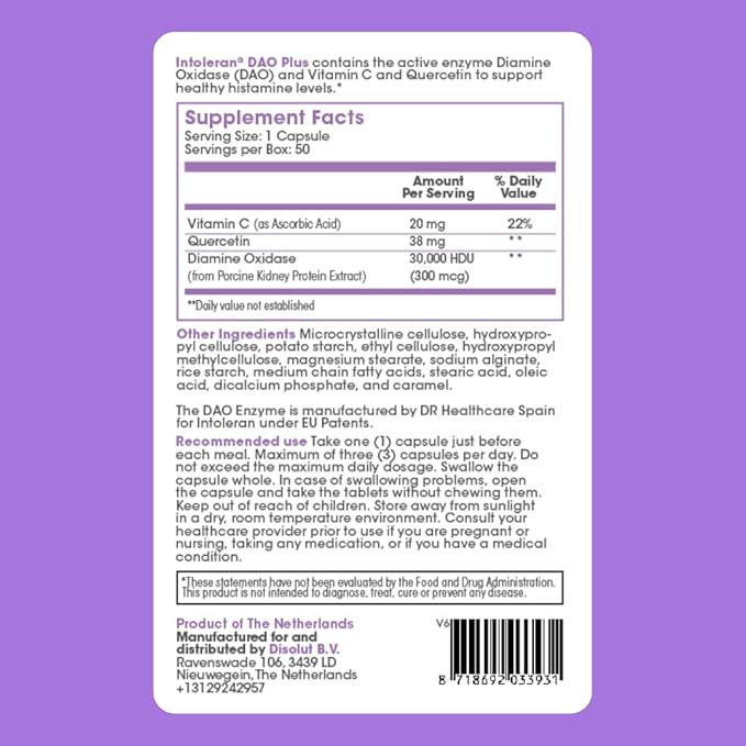 Intoleran DAO Plus Digestive Enzymes - 50 Capsules | Supplement for Histamine Intolerance &amp DAO Deficiency | Healthy Histamine Levels | 30000 HDU Diamine Oxidase (DAO) Enzyme | Vitamin C &amp Qu