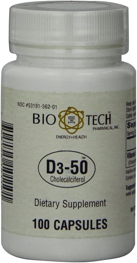 Bio-Tech Pharmacal D3-50 50000 IU 100 Capsules Ð All-Natural Supplement Ð Supports Bone Heart Neuromuscular &amp Immune Health Ð No Dairy Fish Gluten Peanut Shellfish &amp Soy