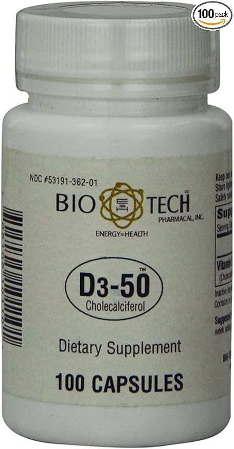 Bio-Tech Pharmacal D3-50 50000 IU 100 Capsules Ð All-Natural Supplement Ð Supports Bone Heart Neuromuscular &amp Immune Health Ð No Dairy Fish Gluten Peanut Shellfish &amp Soy