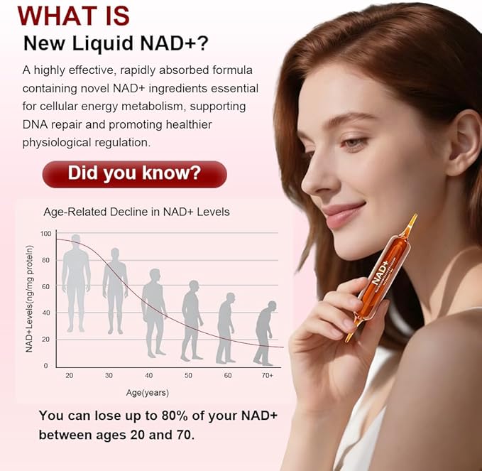 NAD+ Liquid Supplement - 1200mg Advanced Cellular Rejuvenation for Cellular Vitality Energy Metabolism &amp Antioxidant Support - Boosts Energy &amp Focus - 10 Count (15ml Packs)