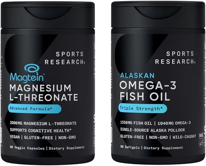 Sports Research® 90 Ct Cognitive Health Pack - Triple Strength Omega 3 Fish Oil EPA DHA Fatty Acids from Single-Source Wild Alaskan Pollock &amp Magtein Magnesium L-Threonate for Memory Focus Cogni