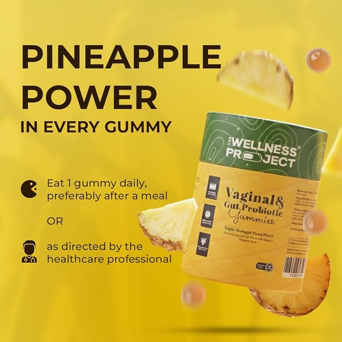 The Wellness Project Vaginal &amp Gut Probiotic + Prebiotic Gummies| Triple-Strength Clinically Studied Probiotics for Flora Odor &amp pH Balance | No Added Sugars | Delicious Pineapple Flavor (Pac