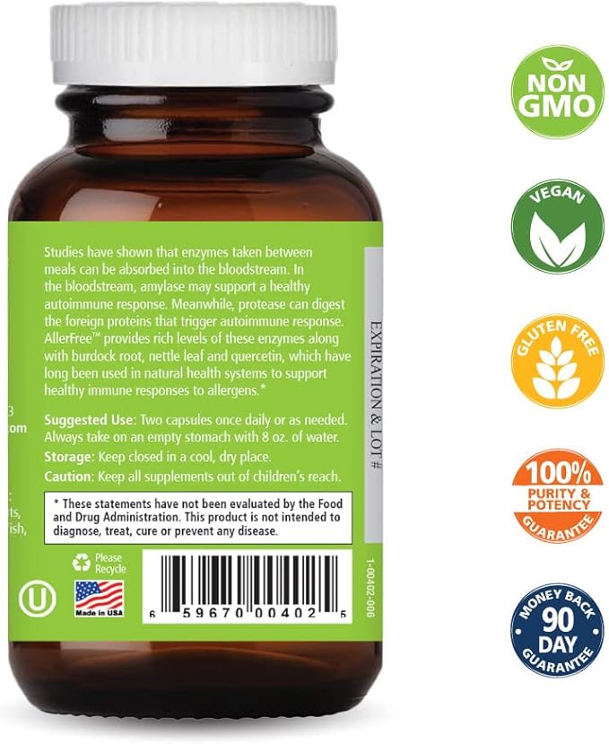 AllerFree Natural Allergy Support Supplement by Pure Essence Labs - Non Drowsy Pills for Sinus and Nasal Health Seasonal Allergies with Enzymes and Herbs - 60 Capsules