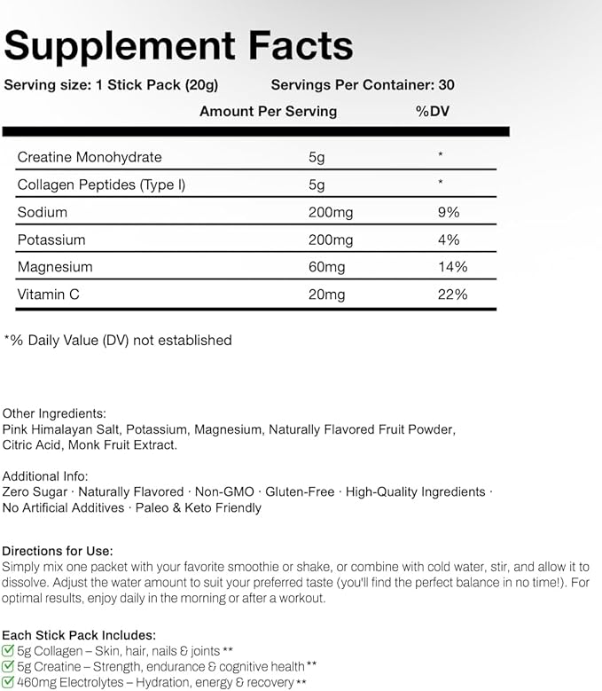 DAILY TRIFECTA 3-in-1 Collagen Creatine &amp Electrolyte Stick Packs | Type I Collagen Creatine Monohydrate Zero Sugar | 30 Natural Single-Serve Packets | Strength Hydration &amp Recovery (Unfla