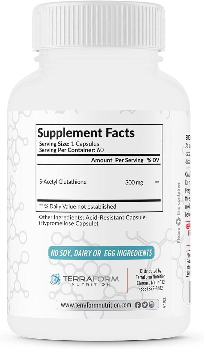 TerraForm Nutrition Extra Strength S-Acetyl Glutathione 300mg – 60 Acid-Resistant Capsules - Premium Glutathione Supplement - Highly Bioavailable &amp Stable Form SAG Supplement – Made in USA