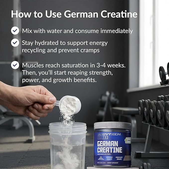 BodyTech Elite German Creatine with Creapure® Creatine Monohydrate Powder for Strength Size &amp Power 5g per Serving Unflavored Gluten Free 11.01 oz 60 Servings