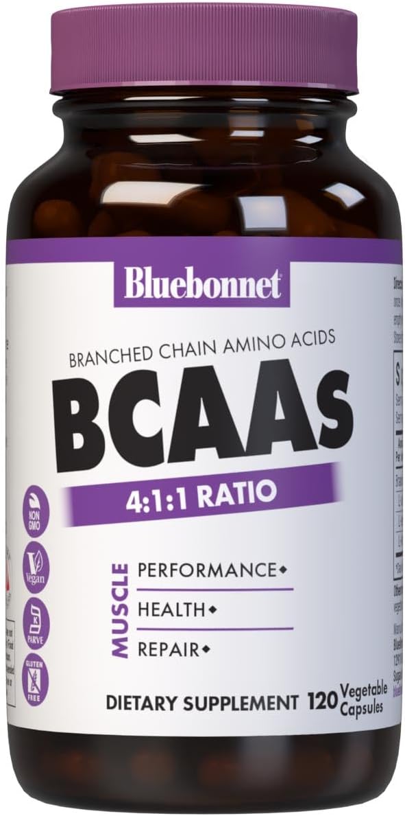 Bluebonnet Nutrition BCAAs 4:1:1 Ratio Muscle Performance* Muscle Health* Muscle Repair* Non-GMO Vegan Kosher Certified Gluten-Free Soy-Free Dairy-Free 120 Vegetable Capsules 30 Servings